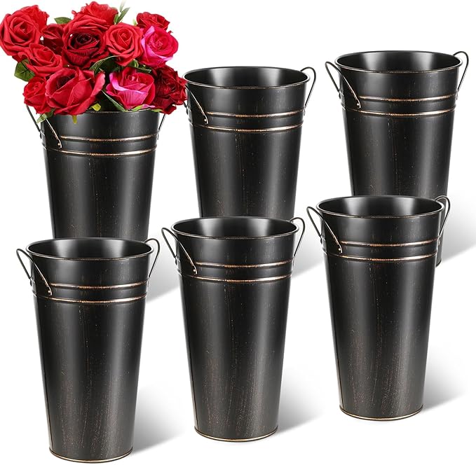 Irenare 12 Inch Vintage Galvanized Flower Bucket Metal Flower Vase Farmhouse French Bucket Planter Metal Floral Container for Party Table Centerpiece Weddings Home(Black,6 Pcs)