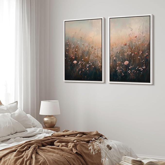 MUDECOR Framed Canvas Print Wall Art Forest and Lake Landscape Vintage Nature Scenery Illustrations Modern Art Decorative Bohemian Chic for Living Room, Bedroom, Office - 24"x36"x2 White