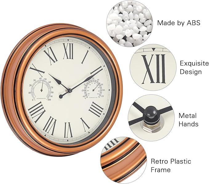 12 inch Outdoor Wall Clock, Plastic Waterproof Wall Clock with Temperature & Humidity for Patio Garden Home