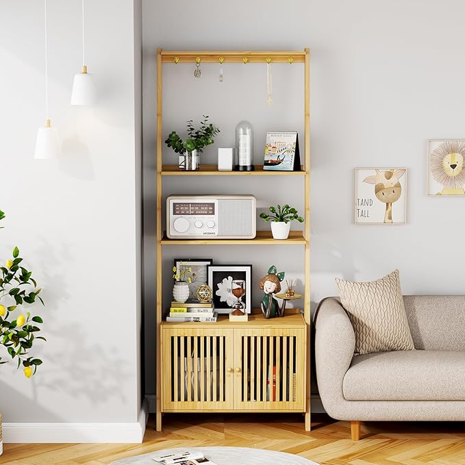 Bookcase with Drawers, 4-Tier Bamboo Bookshelf Ladder Shelf with 6 Hooks, Tall Narrow Book Shelf, 24.8"L x 10.6"W x 59.5"H, Standing Storage Organizer for Living Room, Home Office, Bedroom, Bathroom