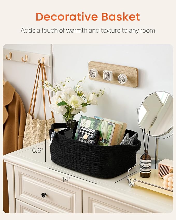 KALLAX Small Woven Basket, 14 x 10 x 5.6 Inches, Small Storage Baskets for Organizing, Gift Baskets Empty, Cute Rope Shelf Closet Storage Bins for Shelves, Dog Toy Basket, Black