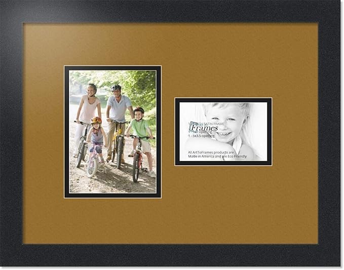 ArtToFrames Collage Photo Frame Double Mat with 1-3.5x5, 5x7 Openings with Satin Black Frame and El Dorado mat.