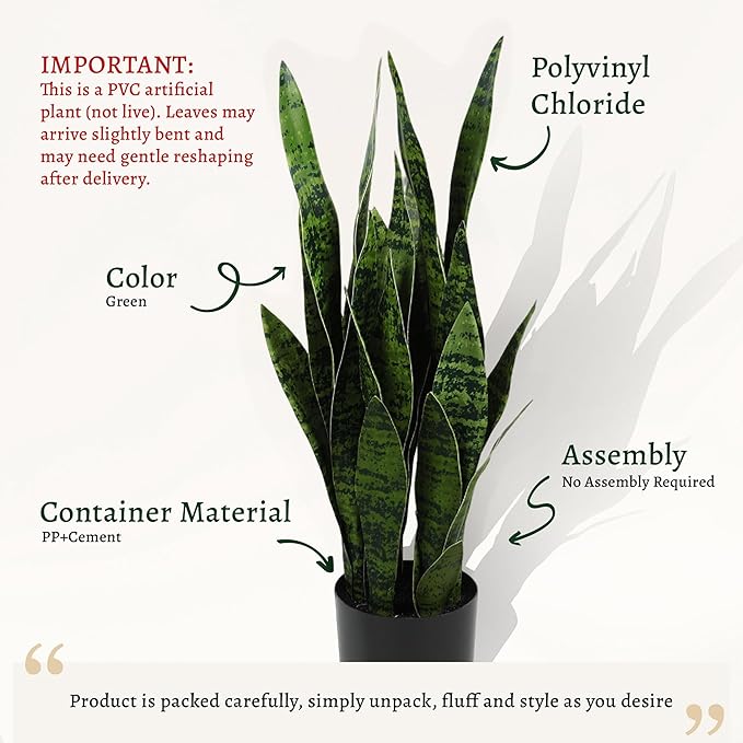 KOL 25.6'' Artificial Snake Plant Sansevieria Indoor, 32 Leaves Lifelike Faux Plants, Home Garden Decoration Mother in Law Tongue 2ft, Fake Potted Houseplant, Green