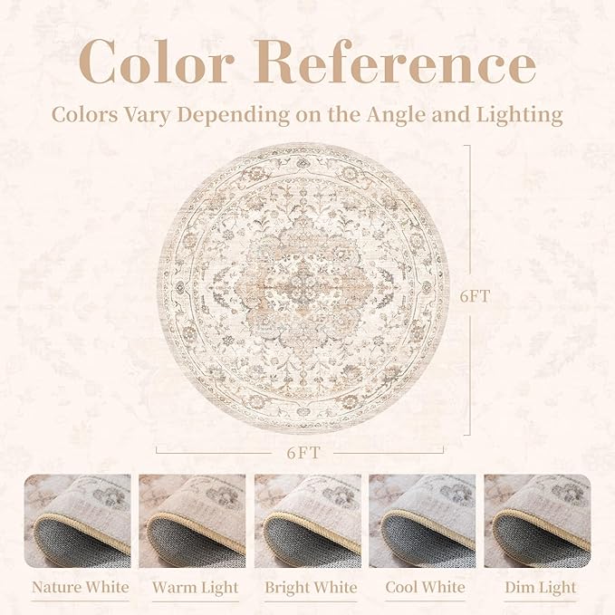 PADOOR-Vintage 6FT Round Rug-Rugs for Living Room-Soft Beige Circle Rug-Machine Washable Rugs for Bedroom-Non Slip Carpet-Rug for Dining Room Living Room Bedside Office