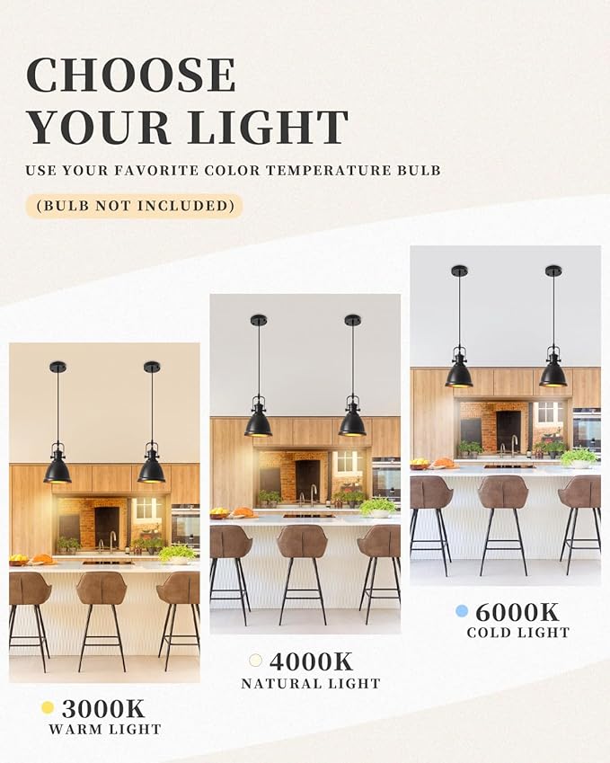 Black Pendant Lights Kitchen Island 3 Pack, Vintage Pendant Light, 6.5’’ Farmhouse Pendant Light Fixtures, Adjustable Height, Pendant Lighting for Dining Room, Living Room, Sink, Bar