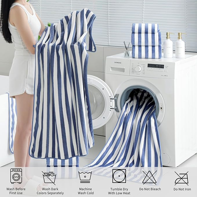 18 Pcs Blue White Stripe Family Towels Set with Hanging Loop-6 Bath Sheets,6 Hand Towels,6 Washcloths Ultra Soft Bathroom Towel Highly Absorbent Quick Dry Shower Towel for Beach Chair,Spa,Gym,Hotel