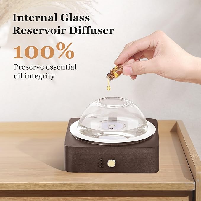 Glass Essential Oil Diffuser with Glass Reservoir & Wood Base, 200ml Ultrasonic Lock Color Timer Auto-Off 7 Color Light Aroma Glass Dome Diffuser for Home Office Bedroom Yoga - Dark Brown