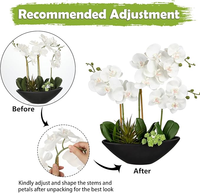 Briful Orchid Fake Flowers 17in White Artificial Orchid Silk Flowers in Black Pot Faux Orchid Arrangement for Home Office Bathroom Dining Table Modern Decoration
