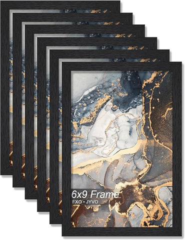 Engineered Wood 6x9 Picture Frame Set of 6, Black Frame for 6 x 9 Inch Picture Poster Photo, Light Weight 6 by 9 Frame with Wood-grain for Wall - 6 Pack/Black/6"x9"