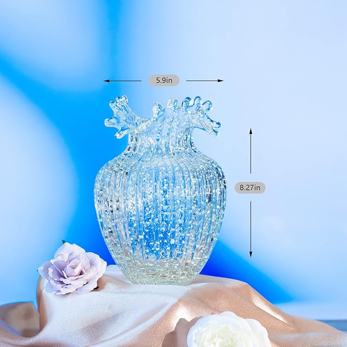 Handmade Glass Flower Vase Luminous Waves Mouth Decorative Vase Vintage Home Decor Rustic Farmhouse Decorations Living Room,Dining Room,Fireplace,Shelf