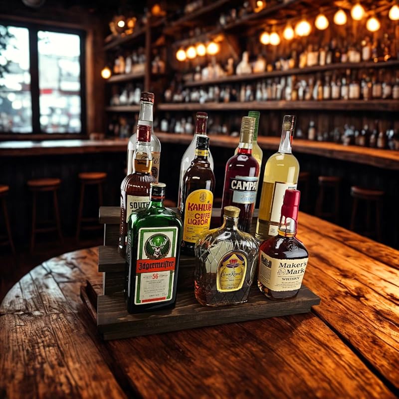 Handmade Liquor Bottle Display Shelf, Bar Display, Kitchen Counter Shelf, Crafted in USA with Premium Quality Wood, Rustic Espresso Finish (3 Tier, 20 inches)