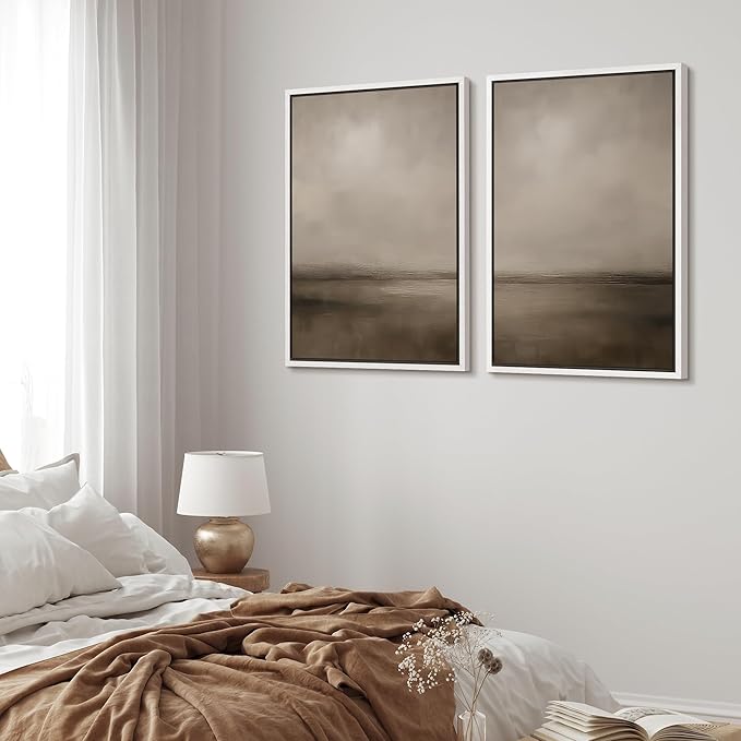 MUDECOR Framed Canvas Print Wall Art Abstract Brown and Taupe Modern Minimalist Misty Landscape Illustrations Modern Art Decorative Bohemian for Living Room, Bedroom, Office - 16"x24"x2 White