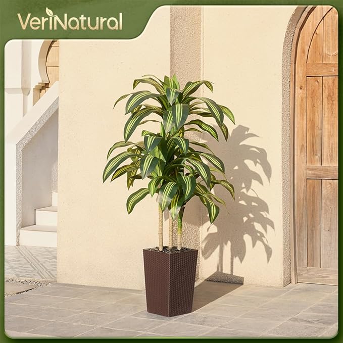 Artificial Dracaena Tree 5FT - UV Resistant Faux Tree with Large Taper Planter & Pebbles - Tall Fake Plants Indoor & Outdoor, Potted Floor Plant for Home Living Room Porch Decor, VN127