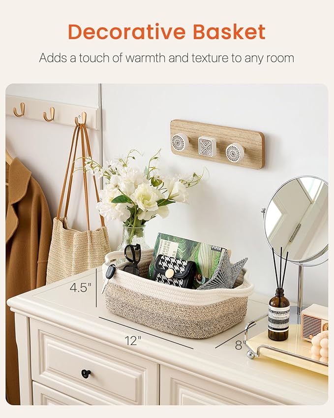 KALLAX Small Woven Basket, 12 x 8 x 4.5 Inches, Small Storage Baskets for Organizing, Gift Baskets Empty, Cute Rope Shelf Closet Storage Bins for Shelves, Dog Toy Basket, Gradient Brown