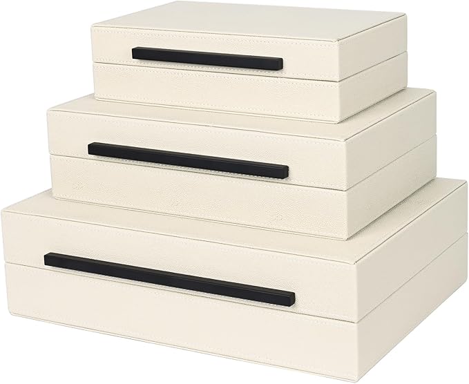Beige Shagreen Decorative Box Set of 3 - Faux Leather Nesting Storage Boxes with Lids, Large Modern Jewelry Organizer, Stackable Home Decor Box for Bedroom, Bathroom & Office