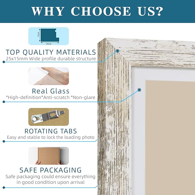 10x14 Picture Frame Set of 2, Made of Glass and Distressed White Wooden Frame, Display 8x12 Pictures with Mat or 30 x 40cm Diamond Painting Art without Mat for Wall Mounting, Gallery Photo Frames