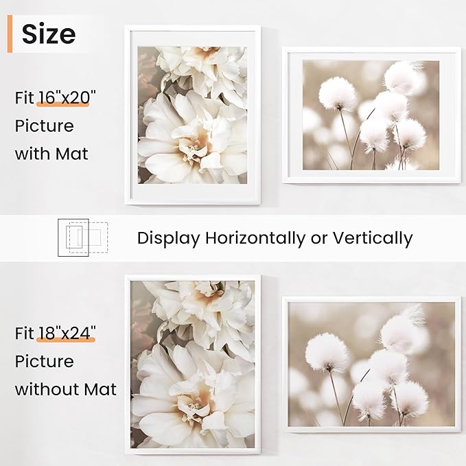 18x24 inch Picture Frame, 18x24 Photo Frames with 16x20 Removable Mat - High Definition Plexiglass - Vertical and Horizontal Display - Wall Hanging Poster Frame - White, 3 Pack