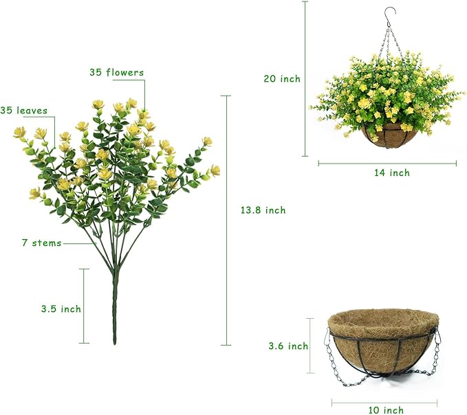 Artificial Hanging Flowers Basket, 12 UV-Resistant Bundles of Realistic Fake Flowers, Faux Plants for Outdoor Decor, Home, Garden, Porch, Patio, Spring & Summer Decorations, Yellow