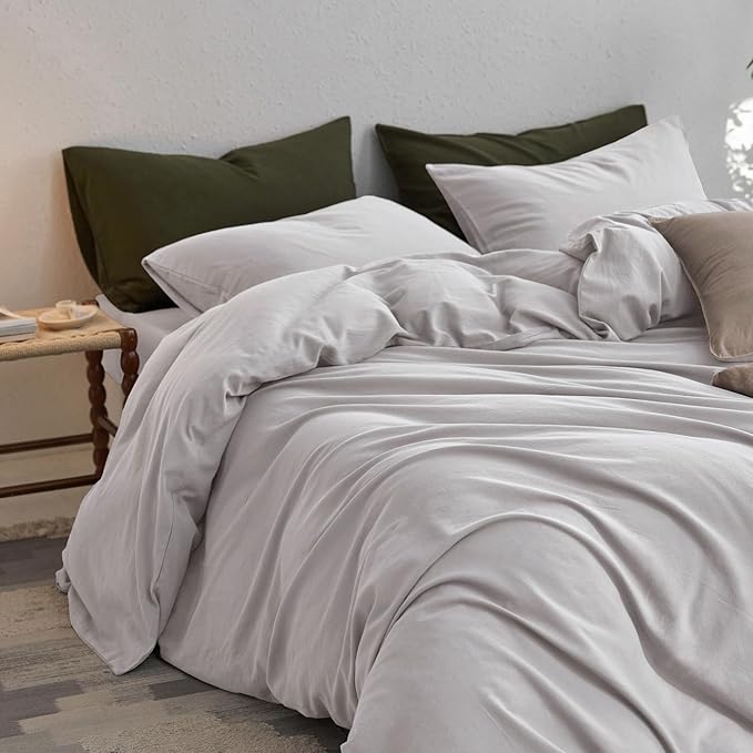 MooMee Queen Duvet Cover Set, 100% Washed Cotton Linen Like Twill Thick Sturdy Material Super Soft Breathable Durable Bedding for All Season, 3 Pieces (Light Gray, Queen 90"x90")