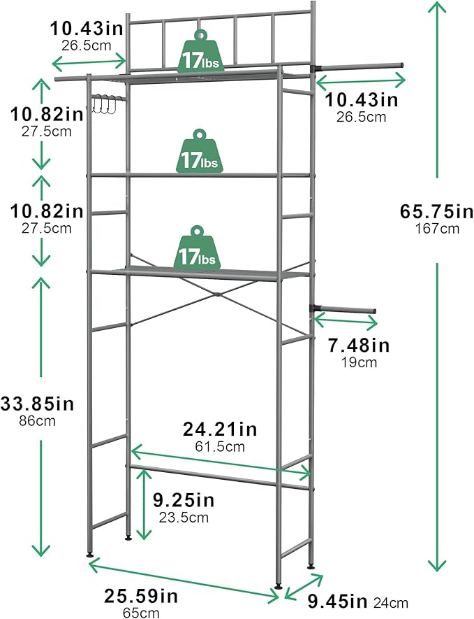 3-Tier Over The Toilet Storage Rack, Freestanding Bathroom Shelves Organizer with Hooks and Toilet Paper Holder, Space Saver Metal Shelf for Small Bathroom, Grey