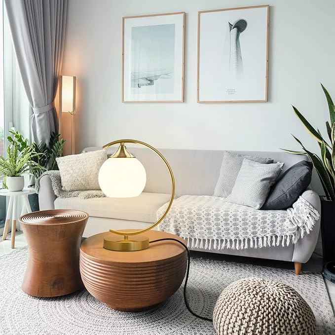 BOKT Modern Globe Table Lamp Mid Century Gold Glass Table Lamp Nordic Simple Design Desk Lamp White Globe Metal Reading Lighting Fixture for Bedside Nightstand Living Room
