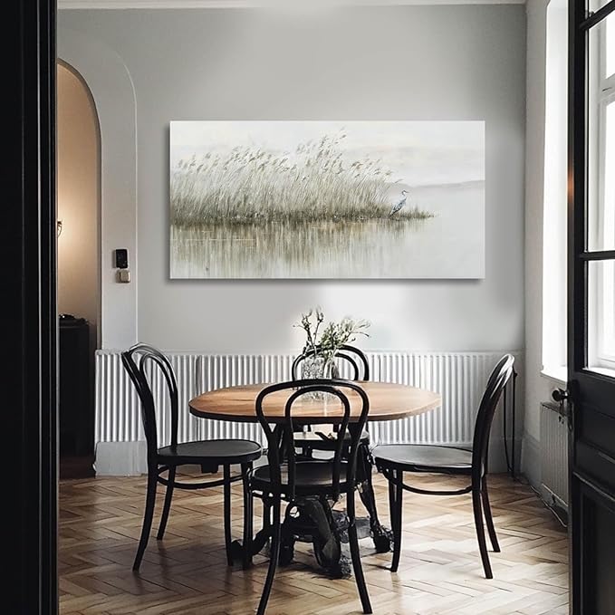 WINKAILIN Nature Canvas Art Grey and Green Paintings Reed Wall Decor for Living Room Animals Wall Art 24"x 48" Contemporary Prints for Dining Room Kitchen