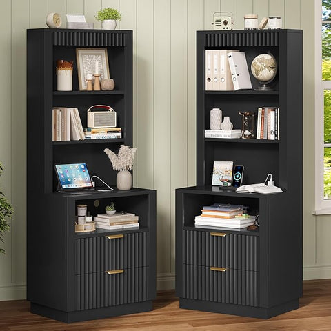 ADORNEVE Tall Fluted Nightstand Set of 2, Side Table with Drawers & Open Shelf, Mid Century Modern Night Stand with Metal Handle, Wooden Bedside End Table for Bedroom,Living Room,Black