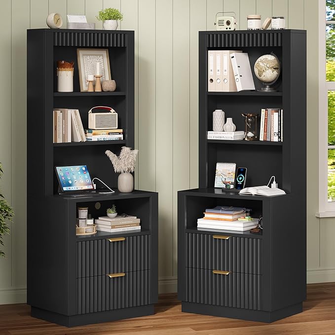 ADORNEVE Tall Fluted Nightstand, Side Table with Drawers & Open Shelf, Mid Century Modern Night Stand with Metal Handle, Wooden Bedside End Table for Bedroom,Living Room,Black