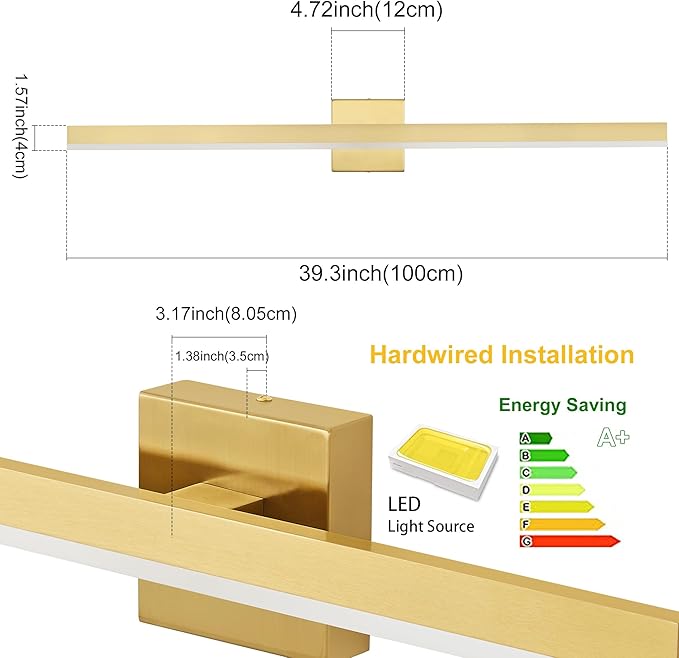Gold Bathroom Vanity Light 39.4 inch, 24W Dimmable 5CCT LED Modern Bathroom Light Fixture Over Mirror - ETL Certificate