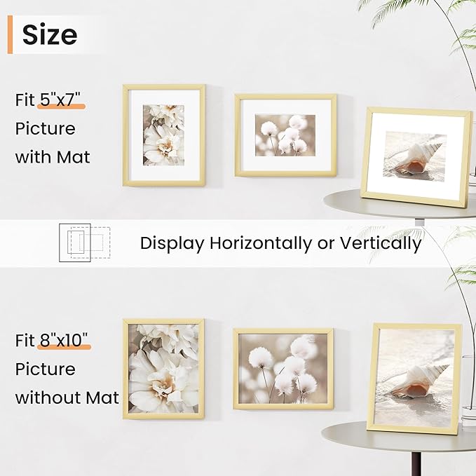 8x10 inch Picture Frame, 8x10 Photo Frames with 5x7 Removable Mat - High Definition Plexiglass - Vertical and Horizontal Display - Wall Hanging Frame - Gold, 3 Pack
