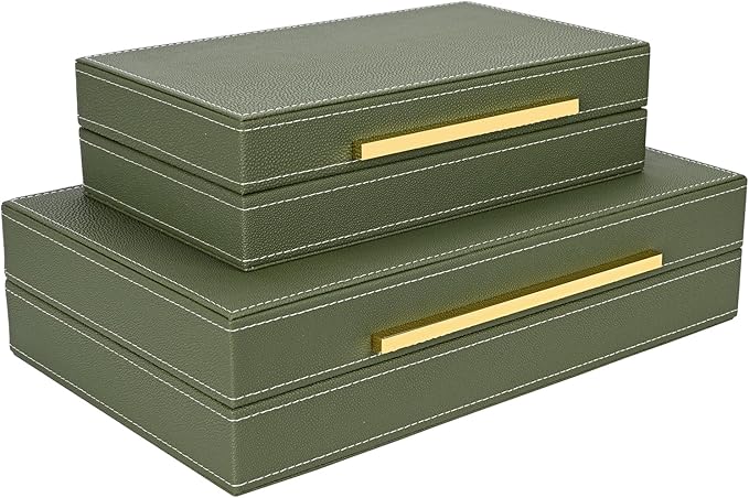 Green Shagreen box Set of 2 Faux Leather Decorative Boxes,Large Nesting Storage Decorative Boxes with Lids for Modern Home Decor Stacking Jewelry Box Organizer