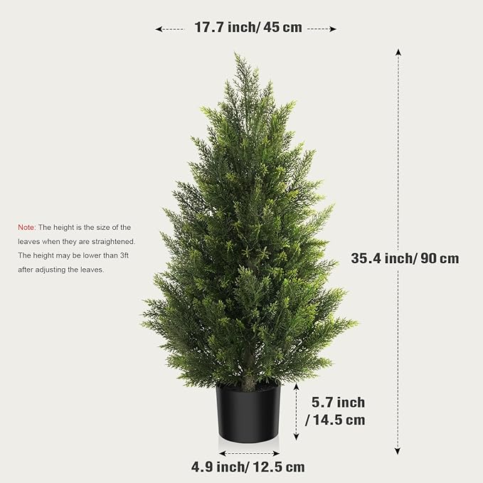 Outdoor Artificial Cedar Topiary Tree, Faux Evergreen Shrubs for Front Porch Decor, Lifelike Fake Bushes Plants for Home Living Room Front Door Decor (2, 3ft)