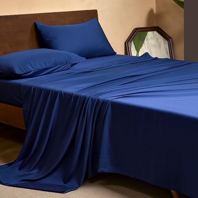 EVERLY Queen Sheets Set,Luxuriously 400 Thread Count Organic Viscose Derived from Bamboo Bed Sheet,Cooling Sheets for Queen Size 4 Piece Deep Pockets Bedding Sheets &Pillowcases-Navy Blue
