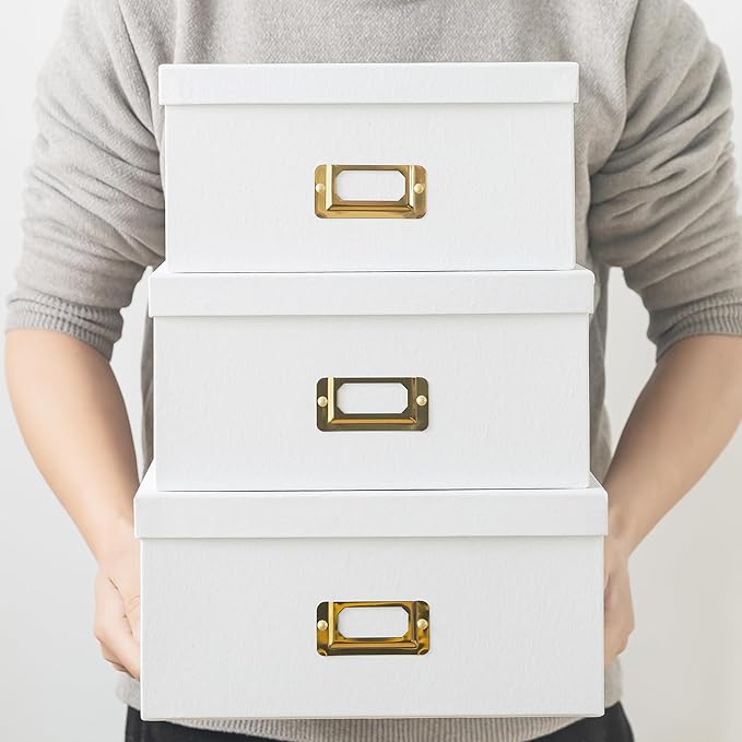 Soul & Lane White Kraft Paper Boxes for Storage - Set of 3 Square Stacking Boxes with Lids and Gold Label Holders, Decorative Photo Storage, Nesting Cardboard Containers for Decor and Organizing