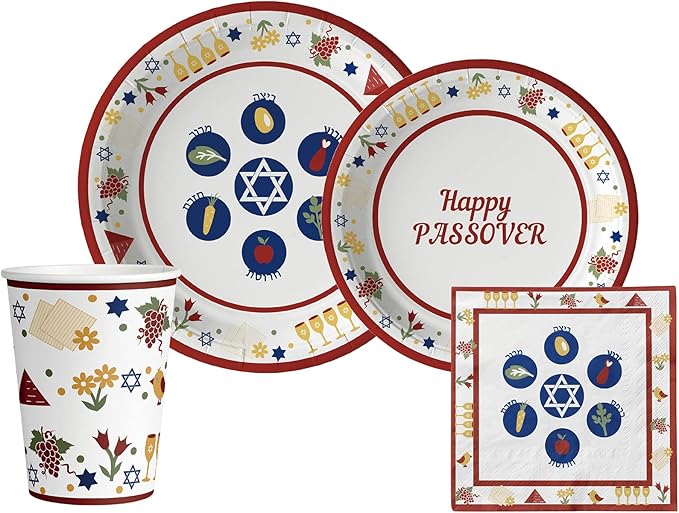 Traditional Passover Tableware Pack: Disposable Paper Plates, Napkins and Cups Set for 20