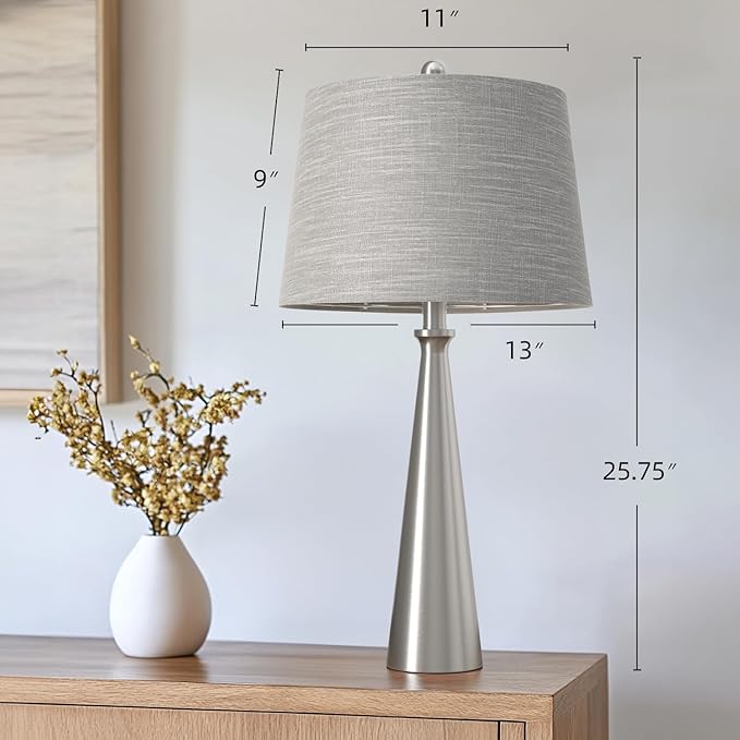 Oneach 25.75" Modern Table Lamp Set of 2, Bedside Lamps with USB Ports, Silver Nightstand Lamps Set for Living Room Bedroom House Bedside Home Office Family