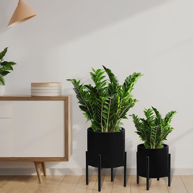 ARNIS Modern Plant Pots, Set of 2 Large Planters with Stand, Decorative Planters, Metal Pots with Drainage Holes for Living Room, Office, Garden or Balcony, 8.25 &10.5 Inch, Blcak