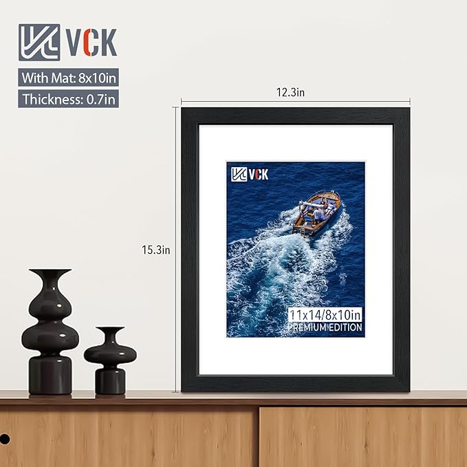 VCK 11x14 Picture Frame Set of 2 - Black, Textured Exclusive Wooden Frames with HD Glass, Display Photo 8x10 with Mat or 11x14 Without Mat