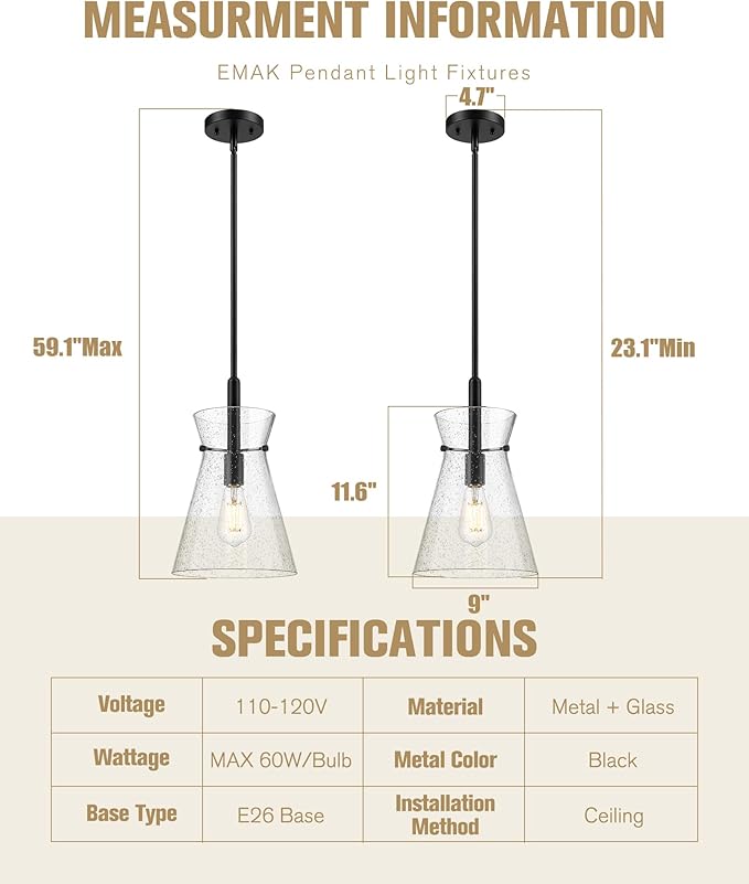 Emak 9 Inch Large Pendant Lights Kitchen Island, Black Pendant Light Fixtures with Seeded Glass Shade, Modern Farmhouse Island Lights for Kitchen, Dining Room, PL130-BK-SG