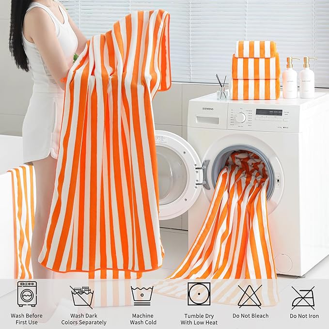 18 Pcs Orange Cabana Stripe Family Towels Set with Hanging Loop-6 Bath Sheets,6 Hand Towels,6 Washcloths Ultra Soft Bathroom Towel Highly Absorbent Quick Dry Shower Towel for Beach Chair,Spa,Gym,Hotel