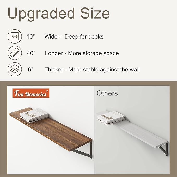 Fun Memories 40 Inch Floating Shelves, 10 Inch Deep Wall Shelf, 40 x 10 Floating Shelf Set of 2, Wood Floating Shelf Wall Mounted, Large Kitchen Living Room Bedroom Storage Shelves, Walnut