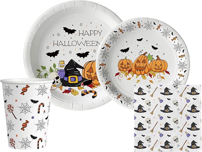 Halloween Fun Tableware Pack: Disposable Paper Plates, Napkins and Cups Set for 20