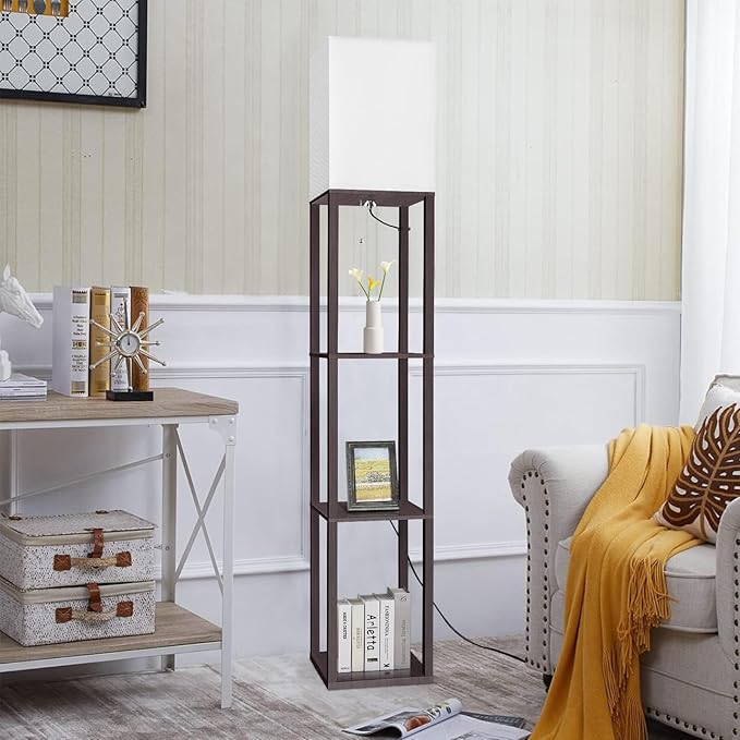 Dott Arts Floor Lamp with Shelves, Floor Lamps for Living Room Decor Display Shelf Lamps with 3 Color LED Bulb, Modern Floor Lamp for Bedroom Standing Lamp for Living Room Office,Home Decor（Walnut）