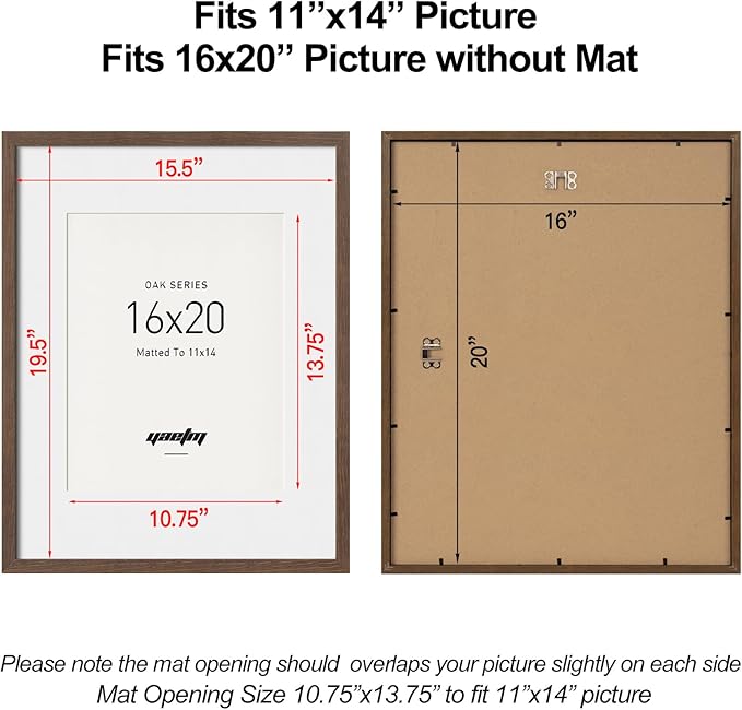 Yaetm 16x20 Picture Frame with Mat for 11x14 - Solid Walnut Wood 16 x 20 Frame for Poster & Art Print, Lightweight, Horizontal and Vertical Wall Hanging for Photo Gallery (3 Pack, Walnut)