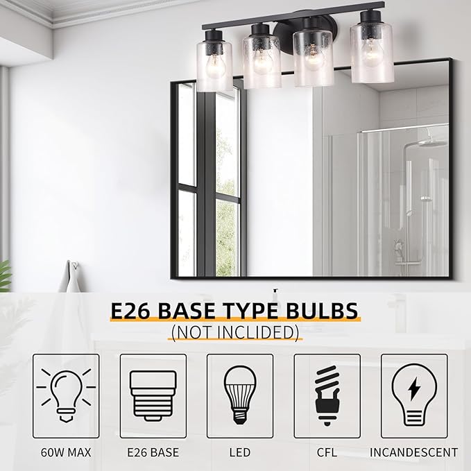 Modern Matte Black Bathroom Vanity Light Fixtures, 4-Light Clear Seeded Glass, Rustproof Wall Mount