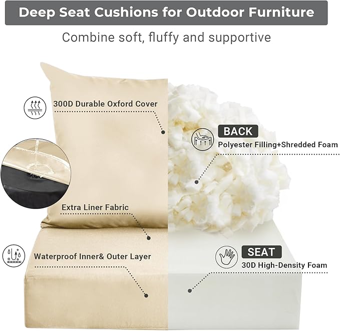 Outdoor Cushions for Patio Furniture,Outdoor Seat Cushion Set 24 x 24 x 5.75 Inch,Waterproof & Fade Resistant Outdoor Chair Cushions,Deep Patio Chair Cushion with Removable Cover,Beige