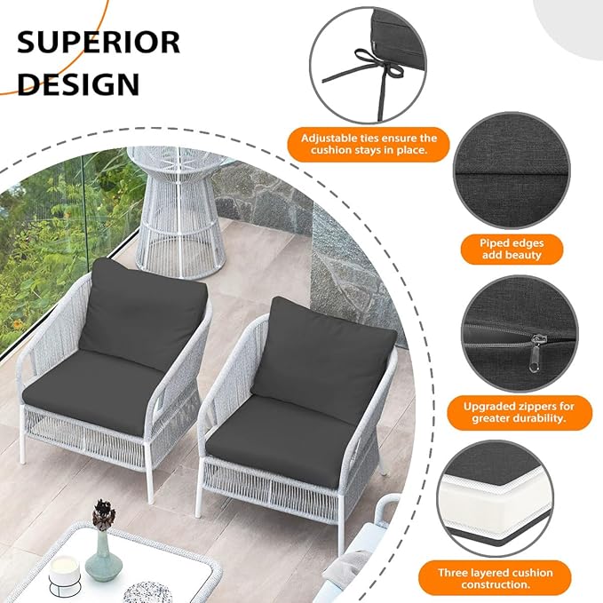 Sundale Outdoor Olefin Deep Seat Cushion Set of 2, Patio Chair Cushion and Pillow, Water-Resistant Sectional Sofa Pad with Straps Dark Gray, 23 x 26 x 4 Inches