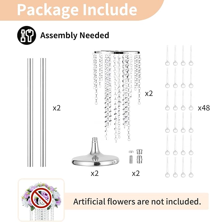 NUPTIO Silver Vase Wedding Centerpieces: 2 Pcs 29.5in Tall Crystal Flower Stand for Tables Elegant Metal Flowers Arrangement Vases for Weddings Birthday Party Anniversary Reception Home Decorations