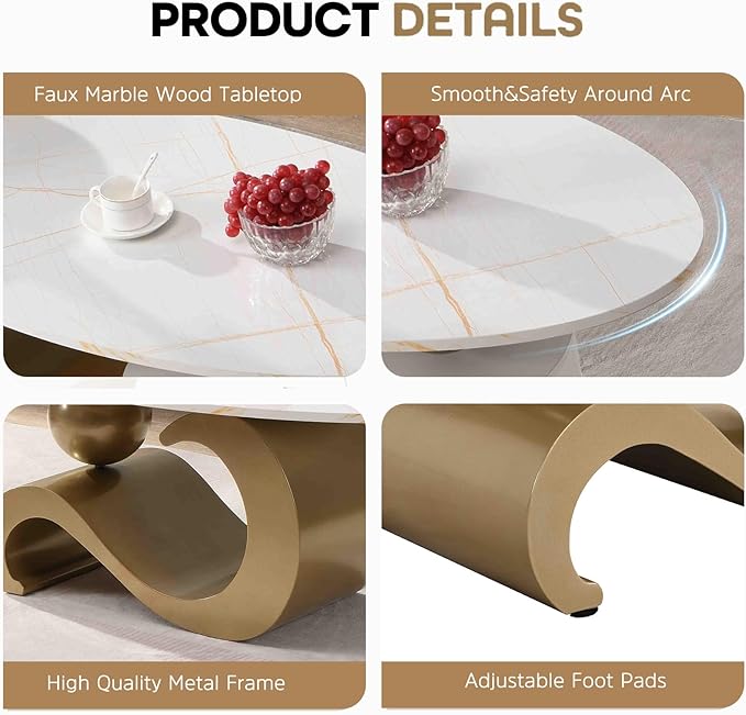 Marble Nesting Coffee Table Set of 2,Modern Oval Center Tea Table and Round Side Nightstand Set w/Faux Marble Top and Metal Frame for Living Room Accent Furniture (Gold)