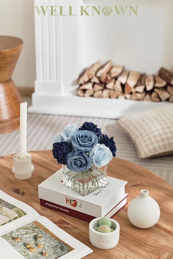 WELL KNOWN Rose Artificial Flowers in Vase with Faux Water, Silk Rose Table Centerpieces for Home Coffee Table Decor, Fake Roses Flower Arrangements for Office Hotel Lavatory Decor (Blue)